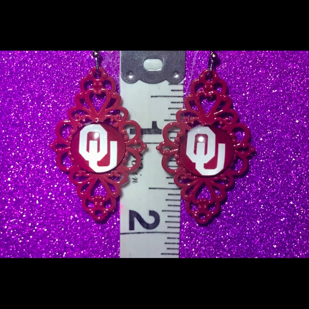 Red Lace Cut Oklahoma Sooners OU Logo earrings